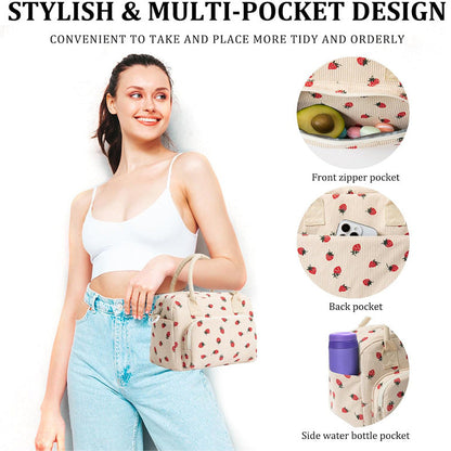 Beige Women's Large Corduroy Lunch Bag Insulated Thermal Tote Strawberry Print with Shoulder Strap for Work School & Picnics
