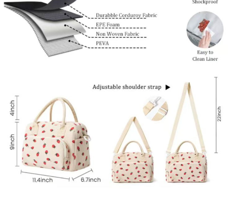 Beige Women's Large Corduroy Lunch Bag Insulated Thermal Tote Strawberry Print with Shoulder Strap for Work School & Picnics