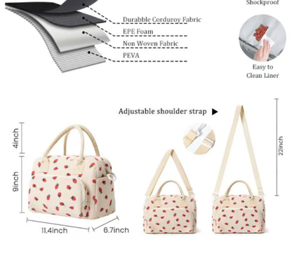 Beige Women's Large Corduroy Lunch Bag Insulated Thermal Tote Strawberry Print with Shoulder Strap for Work School & Picnics