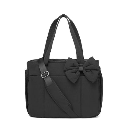 Black Women's Quilted Puffer Tote Bag Large Capacity Lightweight Bow Handbag with Shoulder Strap 42cm for Gym Travel & Baby Care