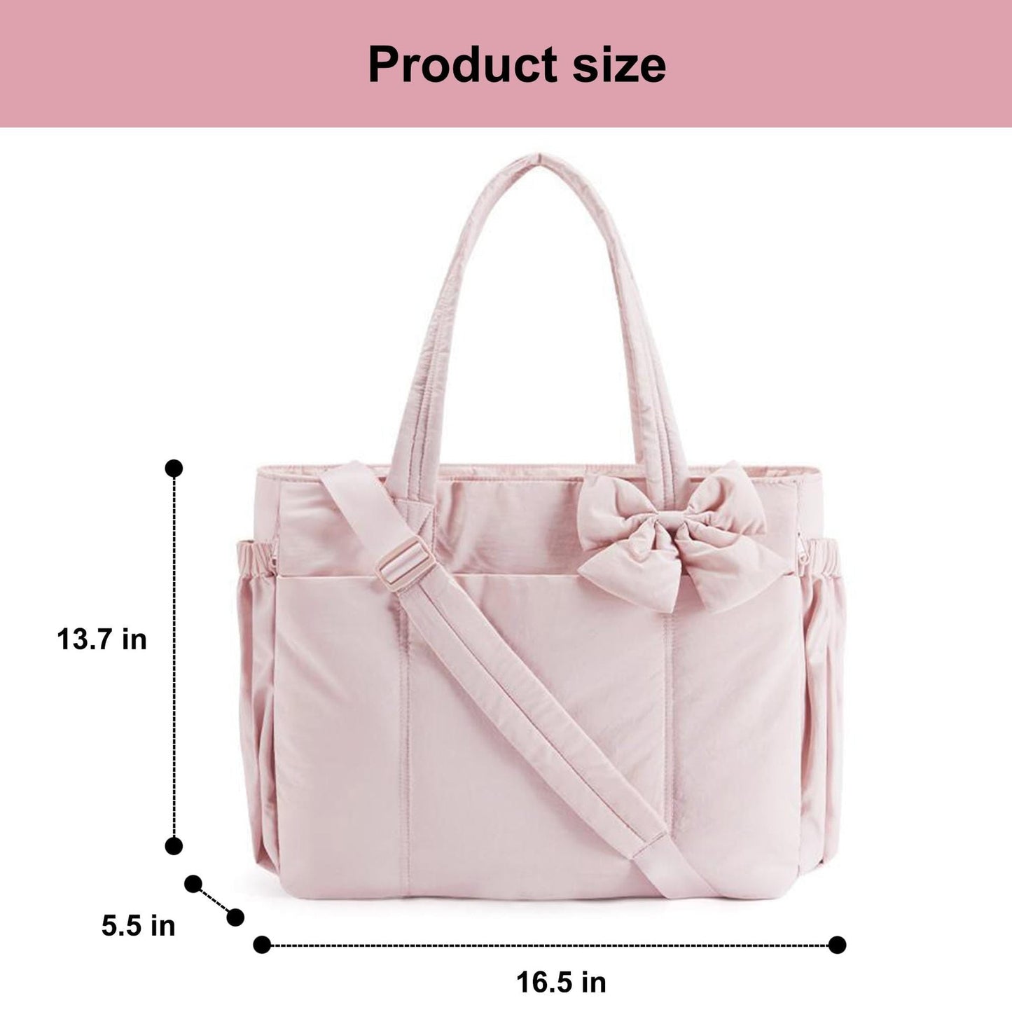 Black Women's Quilted Puffer Tote Bag Large Capacity Lightweight Bow Handbag with Shoulder Strap 42cm for Gym Travel & Baby Care