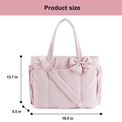 Black Women's Quilted Puffer Tote Bag Large Capacity Lightweight Bow Handbag with Shoulder Strap 42cm for Gym Travel & Baby Care