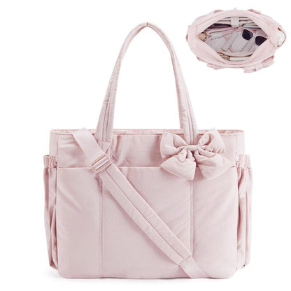 Pink Women's Quilted Puffer Tote Bag Large Capacity Lightweight Bow Handbag with Shoulder Strap 42cm for Gym Travel & Baby Care