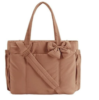 Brown Women's Quilted Puffer Tote Bag Large Capacity Lightweight Bow Handbag with Shoulder Strap 42cm for Gym Travel & Baby Care