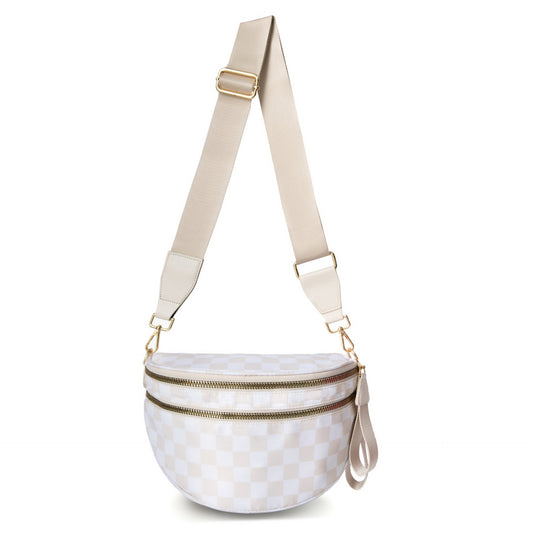 White-and-beige Checkered Pattern Women's Large Crescent Crossbody Bag Lightweight Oxford Cloth Shoulder Sling Purse Adjustable Strap for Travel Gym & Daily Use