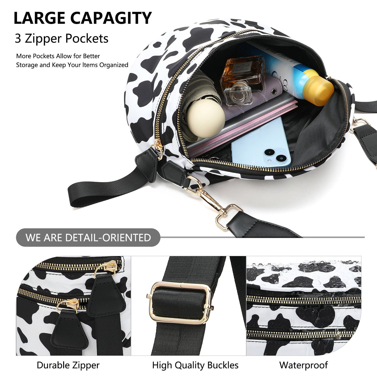 White-and-beige Checkered Pattern Women's Large Crescent Crossbody Bag Lightweight Oxford Cloth Shoulder Sling Purse Adjustable Strap for Travel Gym & Daily Use