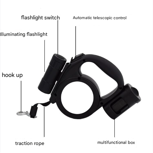 Dark Blue 3-in-1 Retractable Dog Leash with LED Flashlight and Waste Bag Dispenser 5m Nylon Lead for Dogs up to 20kg Essential Pet Walking Gear