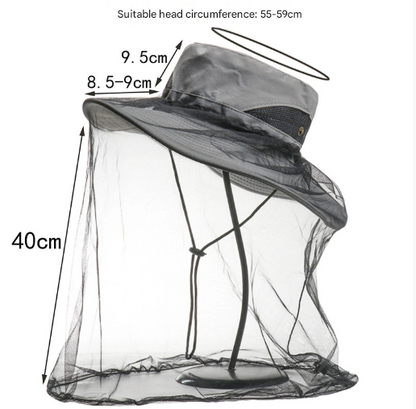 Black Outdoor Mosquito Head Net Hat with 40cm Mesh Shield - Wide Brim Sun Protection Bucket Hat for Fishing and Hiking - Quick Dry Breathable Cap