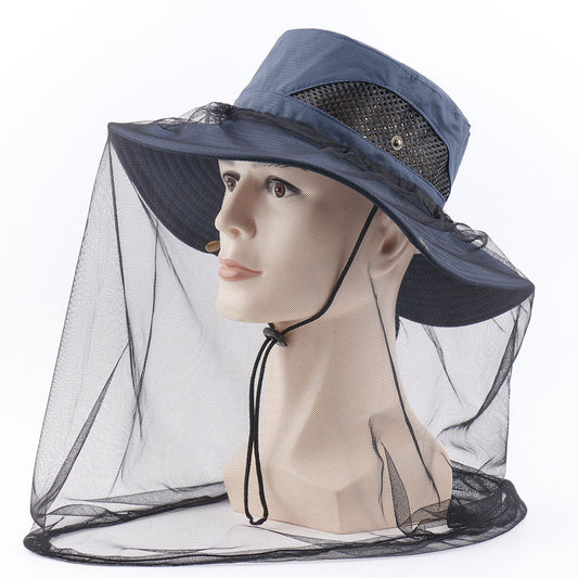 Navy Blue Outdoor Mosquito Head Net Hat with 40cm Mesh Shield - Wide Brim Sun Protection Bucket Hat for Fishing and Hiking - Quick Dry Breathable Cap