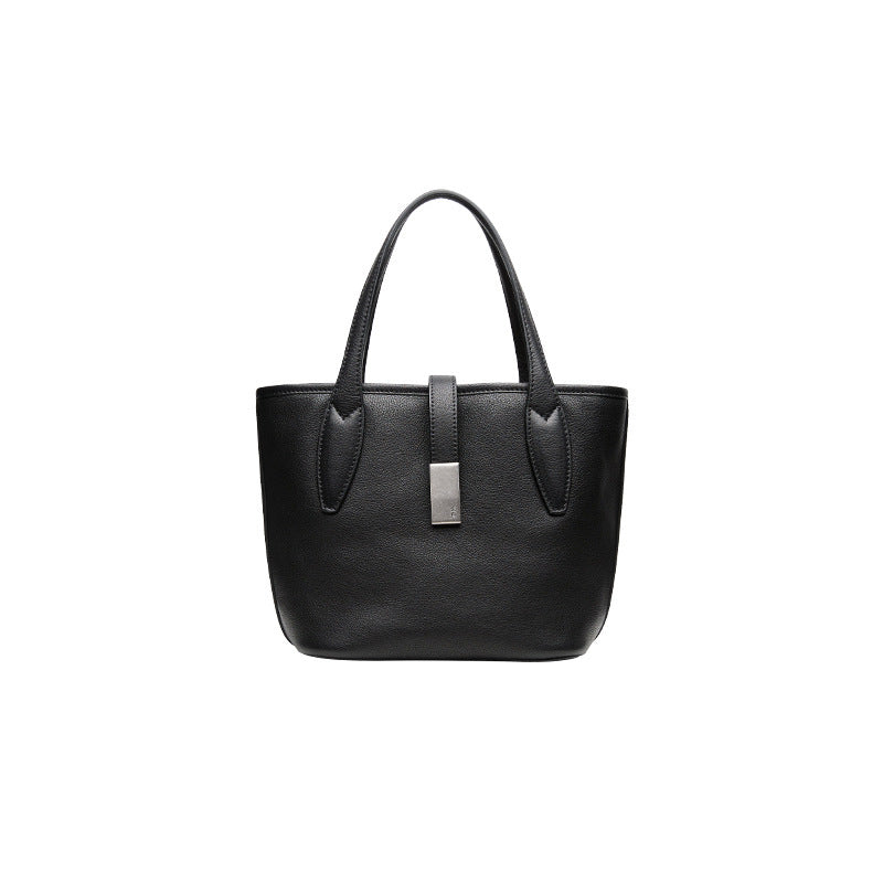 Black Women's Vegetable Tanned Leather Bucket Bag Minimalist Crossbody Handbag with Inner Canvas Pouch for Work Daily Use