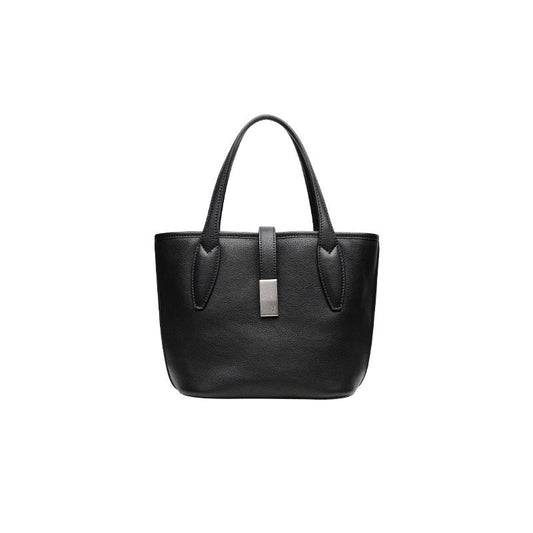 Black Women's Vegetable Tanned Leather Bucket Bag Minimalist Crossbody Handbag with Inner Canvas Pouch for Work Daily Use