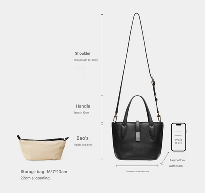 Black Women's Vegetable Tanned Leather Bucket Bag Minimalist Crossbody Handbag with Inner Canvas Pouch for Work Daily Use