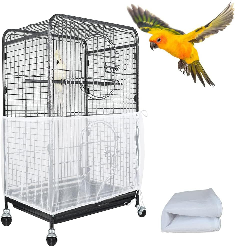 XXL Whiteã€Height 40, Circumference 220ã€‘ Large Bird Cage Seed Catcher Net Cover - Adjustable Mesh Guard Splash-Proof Dust Cover for Indoor Outdoor Cages