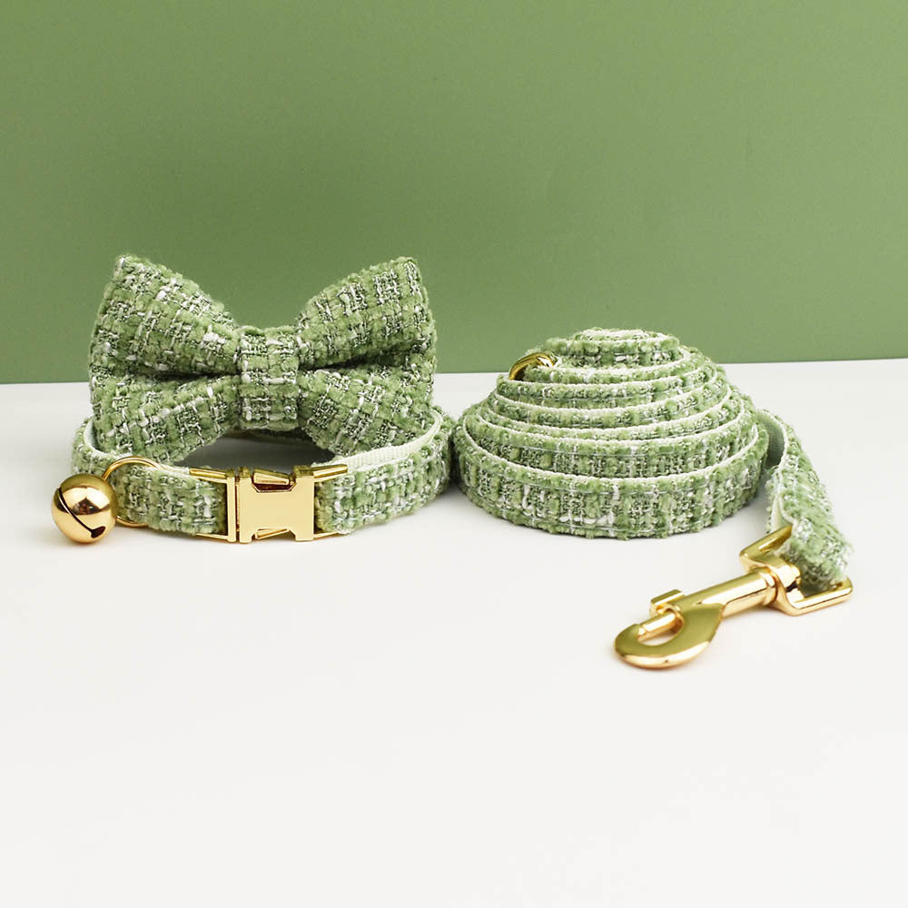 S Green 3 Piece Luxury Tweed Cat Collar and Leash Set with Removable Bow Tie & Bell Adjustable Neck Strap for Kittens Small Dogs Elegant Walking Gear