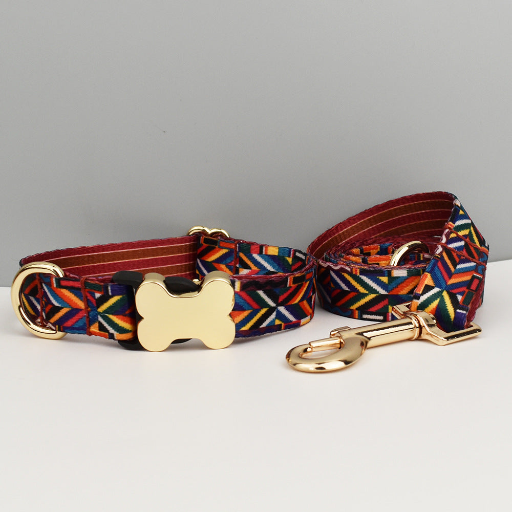 XL Rainbow Boho Patterned Dog Collar with Gold Metal Bone Buckle Adjustable Tribal & Leopard Print Neck Strap for Puppies & Dogs