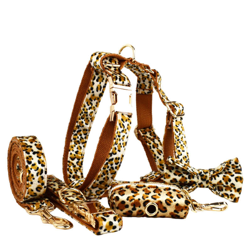 XS Luxury 5 Piece Dog Harness and Collar Set Leopard Print with Leash Bow Tie & Waste Bag Holder Gold Metal Buckle Walking Gear