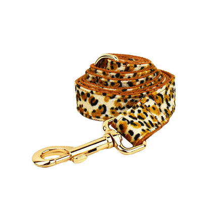 M Luxury 5 Piece Dog Harness and Collar Set Leopard Print with Leash Bow Tie & Waste Bag Holder Gold Metal Buckle Walking Gear