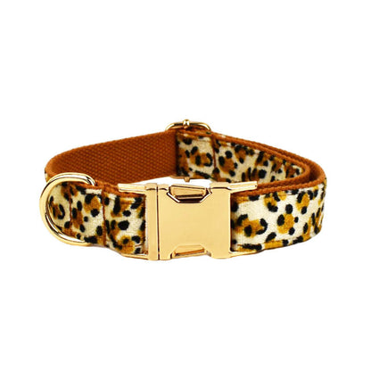 L Luxury 5 Piece Dog Harness and Collar Set Leopard Print with Leash Bow Tie & Waste Bag Holder Gold Metal Buckle Walking Gear