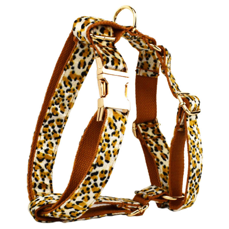 L Luxury 5 Piece Dog Harness and Collar Set Leopard Print with Leash Bow Tie & Waste Bag Holder Gold Metal Buckle Walking Gear