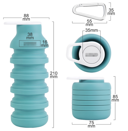 Blue Collapsible Silicone Water Bottle Portable Travel Sports Cup with Carabiner Clip Foldable Design for Camping Hiking & Gym Teal