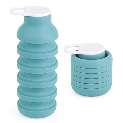 Light Blue Collapsible Silicone Water Bottle Portable Travel Sports Cup with Carabiner Clip Foldable Design for Camping Hiking & Gym Teal