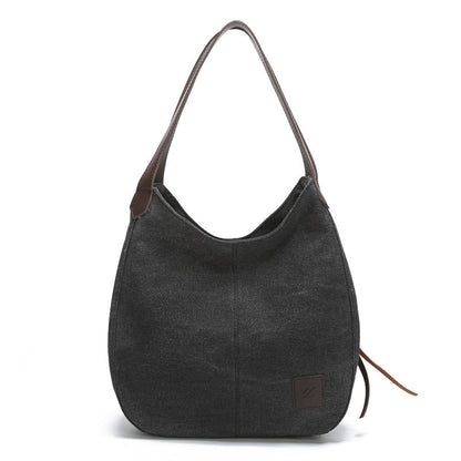 Black Women's Canvas Hobo Handbag Multi-Compartment Shoulder Tote Bag Minimalist Casual Purse 30cm for Work Shopping & Travel