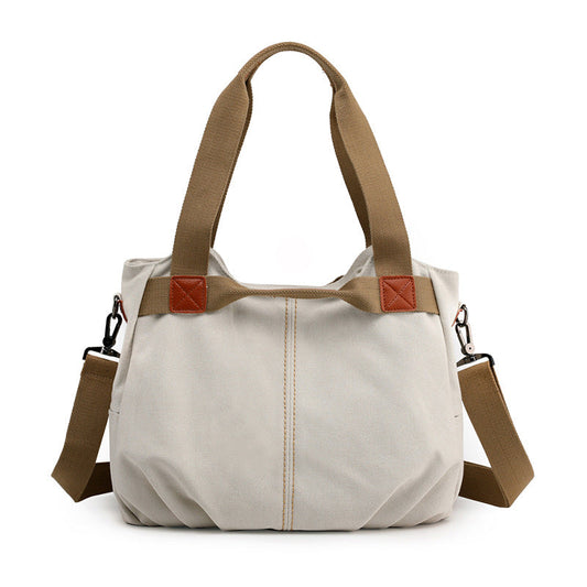 White Women's Retro Canvas Tote Bag Large Capacity Shoulder Handbag Adjustable Crossbody Strap 35cm for Travel Work & Daily Use