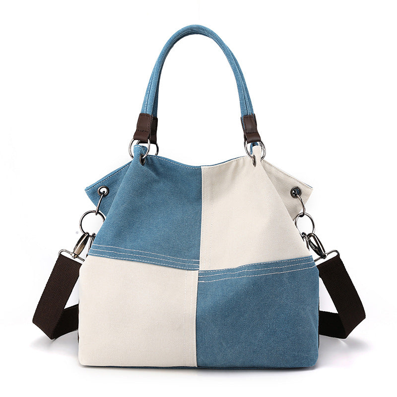 Blue Women's Canvas Patchwork Tote Bag Large Capacity Shoulder Handbag Fits A4 Magazine Adjustable Crossbody Strap 34cm for Work & School