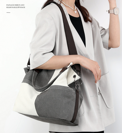 Blue Women's Canvas Patchwork Tote Bag Large Capacity Shoulder Handbag Fits A4 Magazine Adjustable Crossbody Strap 34cm for Work & School