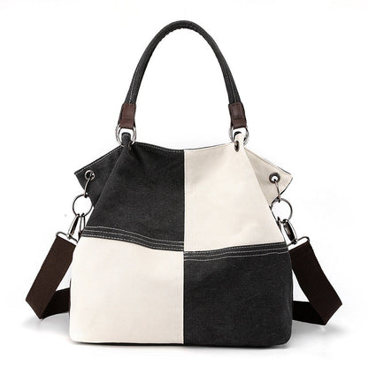 Black Women's Canvas Patchwork Tote Bag Large Capacity Shoulder Handbag Fits A4 Magazine Adjustable Crossbody Strap 34cm for Work & School