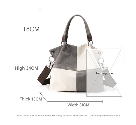 Black Women's Canvas Patchwork Tote Bag Large Capacity Shoulder Handbag Fits A4 Magazine Adjustable Crossbody Strap 34cm for Work & School
