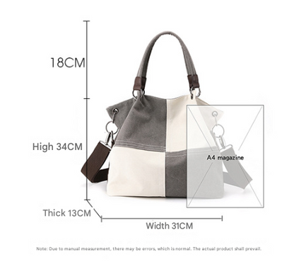 Black Women's Canvas Patchwork Tote Bag Large Capacity Shoulder Handbag Fits A4 Magazine Adjustable Crossbody Strap 34cm for Work & School