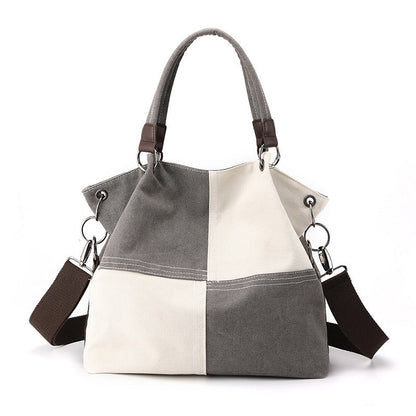 Grey Women's Canvas Patchwork Tote Bag Large Capacity Shoulder Handbag Fits A4 Magazine Adjustable Crossbody Strap 34cm for Work & School
