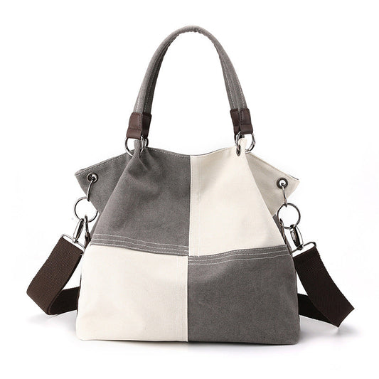 Grey Women's Canvas Patchwork Tote Bag Large Capacity Shoulder Handbag Fits A4 Magazine Adjustable Crossbody Strap 34cm for Work & School
