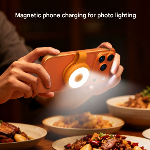 Orange Mini Magnetic Selfie Light Clip-On LED Phone Fill Light Rechargeable 500mAh 5 Lighting Modes Portable Video Light for Vlogging & Zoom Calls