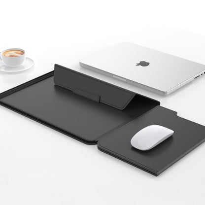 3-in-1 Detachable PU Leather Laptop Sleeve with Ergonomic Stand & Mouse Pad(black  13/14 inch)