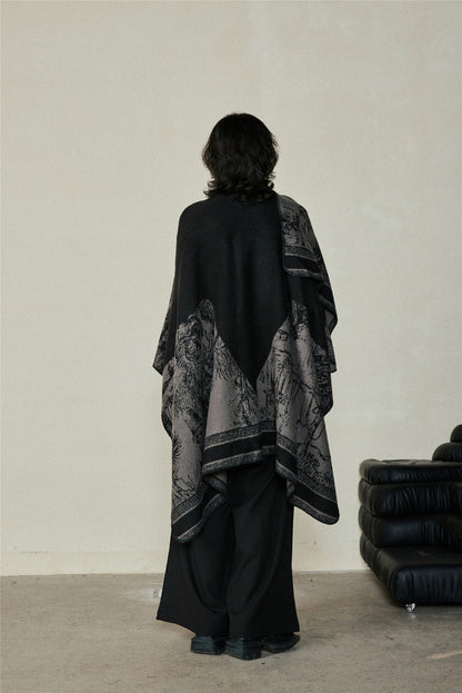 Faux Cashmere Shawl (Qingming Scroll Print) - Black Brown Green, 160*135cm
