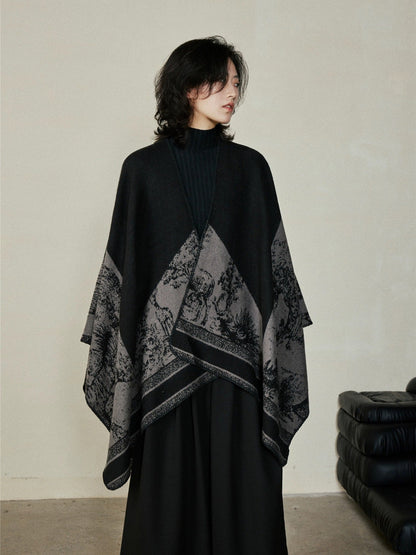 Faux Cashmere Shawl (Qingming Scroll Print) - Black Brown Green, 160*135cm