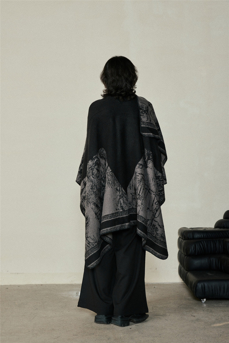 Faux Cashmere Shawl (Qingming Scroll Print) - Orange Blue, 160*135cm