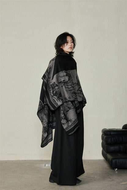 Faux Cashmere Shawl (Qingming Scroll Print) - Purple Cyan, 160*135cm