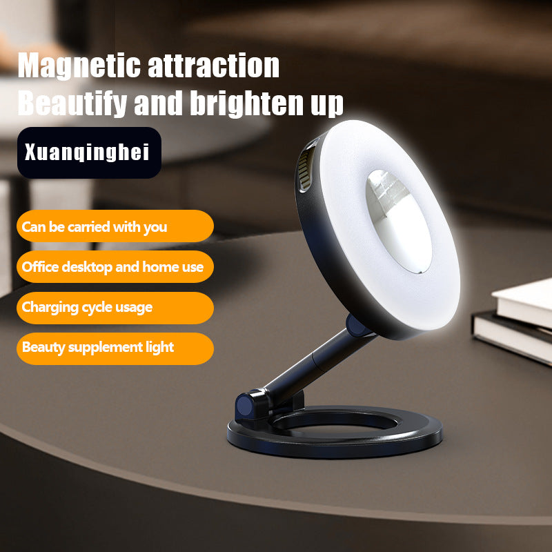 Black 2-in-1 Folding Portable Selfie Light and Magnetic Phone Stand - Vlogging Ring Light with Adjustable Kickstand, Three-Color Soft Light &  USB Rechargeable