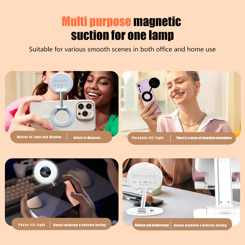 White 2-in-1 Folding Portable Selfie Light and Magnetic Phone Stand - Vlogging Ring Light with Adjustable Kickstand, Three-Color Soft Light &  USB Rechargeable