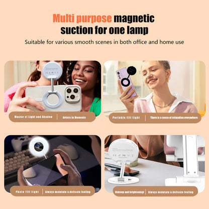 White 2-in-1 Folding Portable Selfie Light and Magnetic Phone Stand - Vlogging Ring Light with Adjustable Kickstand, Three-Color Soft Light &  USB Rechargeable
