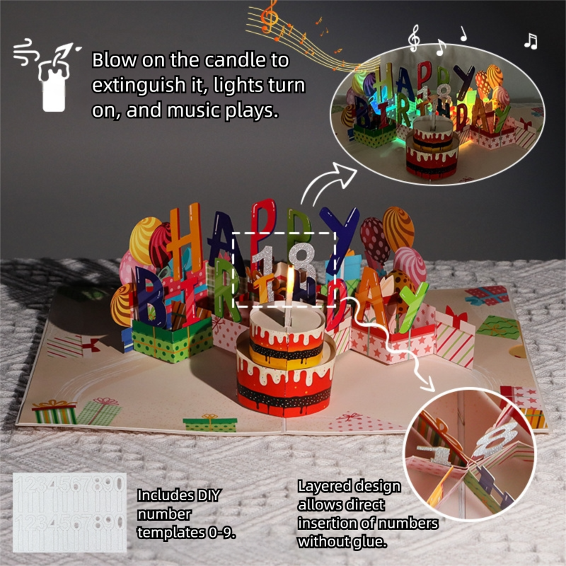 Interactive 3D Pop-Up Birthday Card with Music, Light