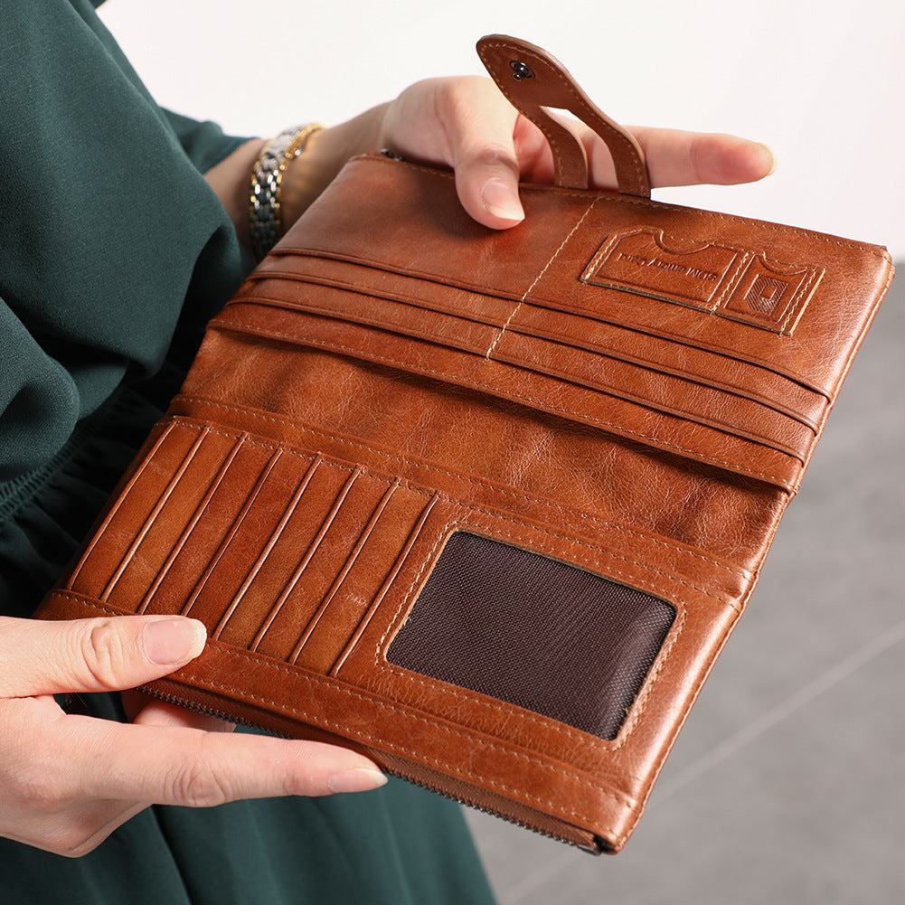Brown Premium Leather Long Wallet Clutch Organizer 19x10x3cm - 15 Card Slots
