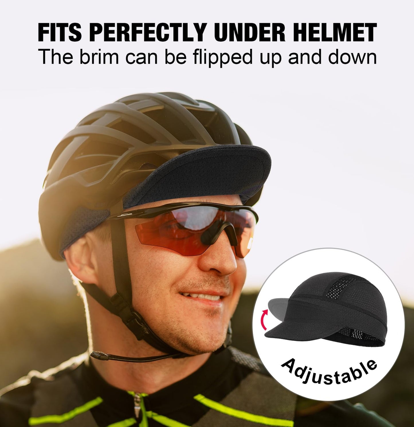 Black Mesh Cycling Cap Under Helmet Liner Breathable Skull Cap with Flip Up Brim Sun Shade Moisture Wicking Hat for Bike Running Fits 55-60cm