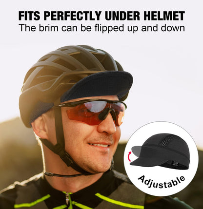 Black Mesh Cycling Cap Under Helmet Liner Breathable Skull Cap with Flip Up Brim Sun Shade Moisture Wicking Hat for Bike Running Fits 55-60cm