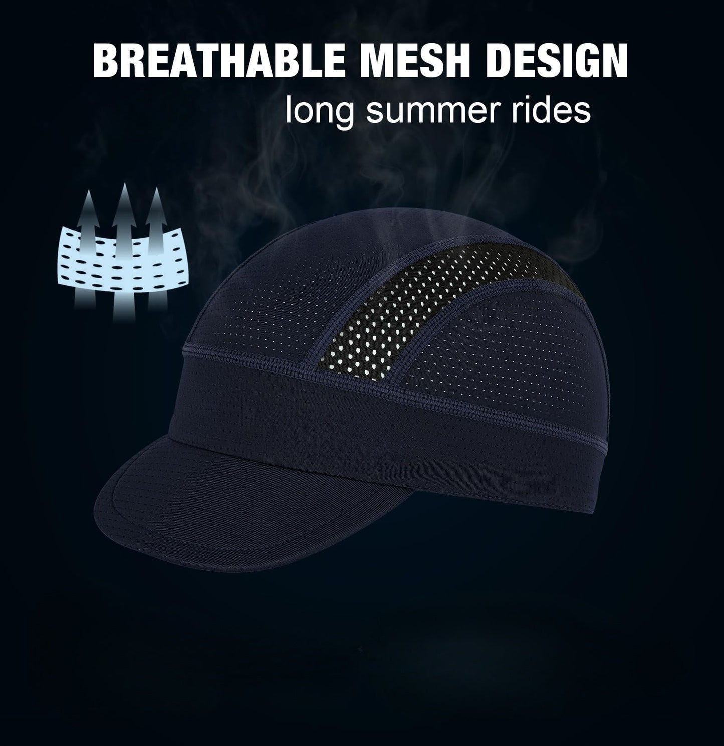 Black Mesh Cycling Cap Under Helmet Liner Breathable Skull Cap with Flip Up Brim Sun Shade Moisture Wicking Hat for Bike Running Fits 55-60cm