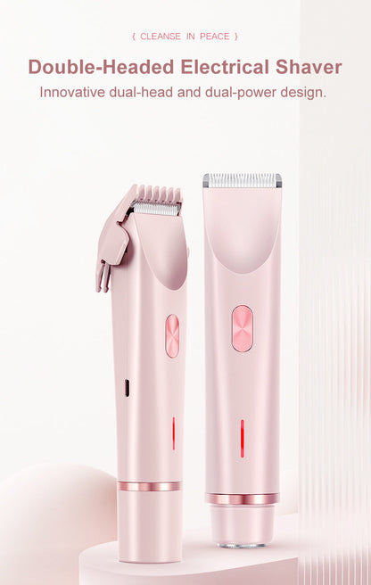 2-in-1 Electric Lady Shaver & Bikini Trimmer Dual Head Waterproof Wet & Dry Body Hair Remover Cordless Razor for Face Legs Underarms Pink