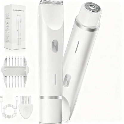 2-in-1 Electric Lady Shaver & Bikini Trimmer Dual Head Waterproof Wet & Dry Body Hair Remover Cordless Razor for Face Legs Underarms White